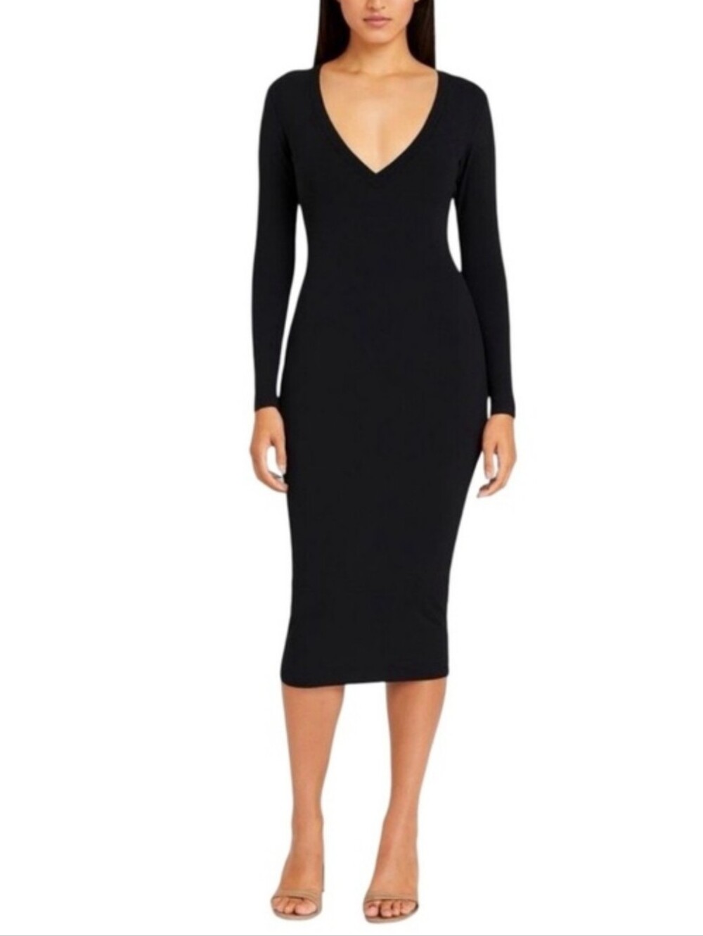 Norma Kamali V-Neck Long Sleeve Midi Jersey Dress Black Sz Medium